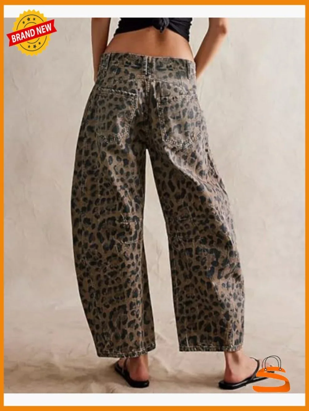 Mid Rise Wide Leg Cropped Barrel Leopard Print Y2k Baggy Denim Pants - Picture 2 of 7